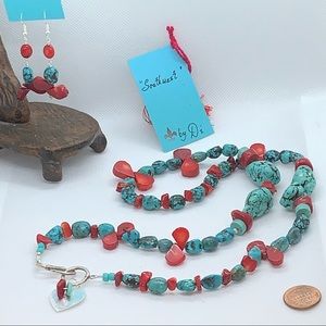 Handcrafted “Southwest” Turquoise Coral & 925 Necklace & Earring Set